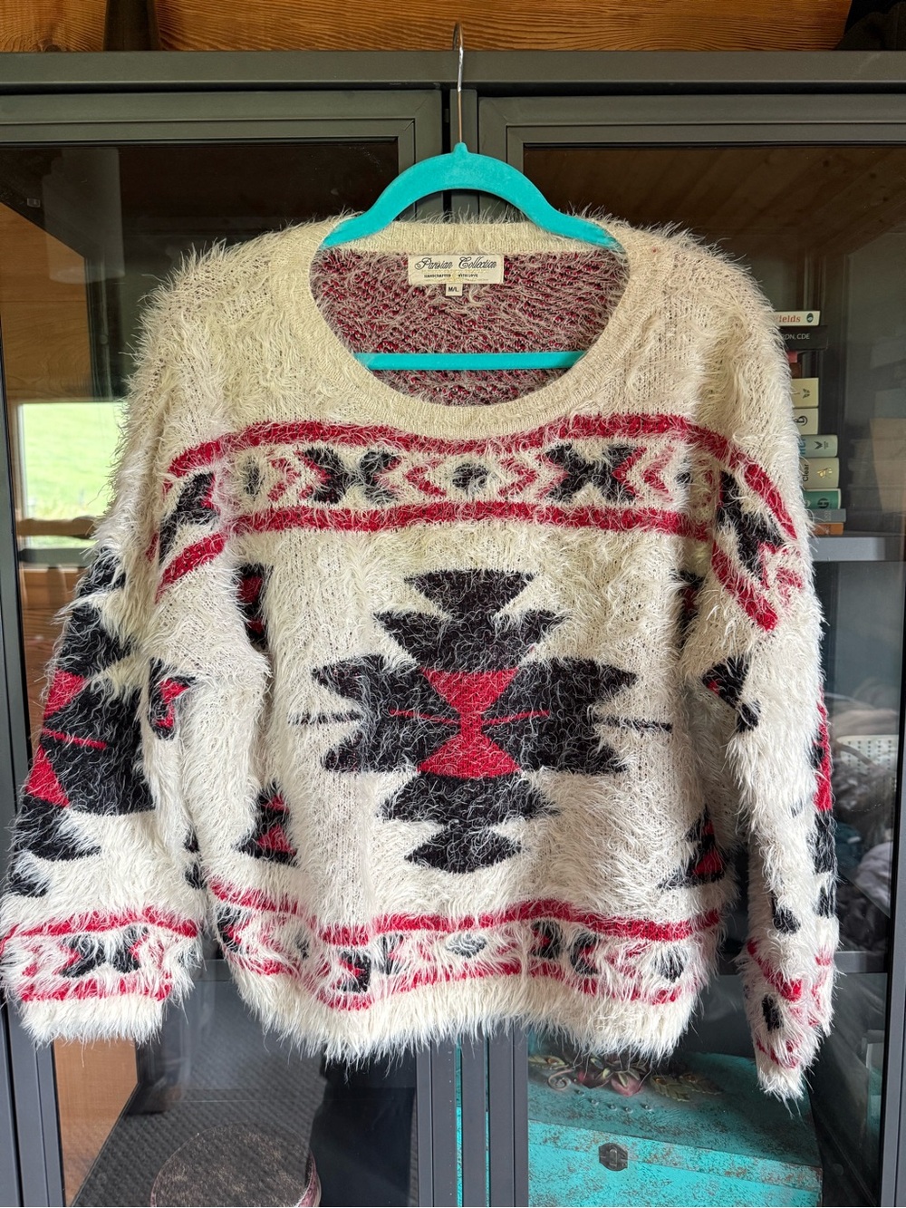 Parisian Collection Fuzzy Aztec Crewneck Sweater with Red and Black Accents